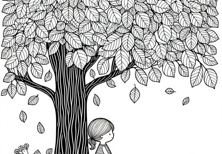 Enfant sous hêtre, coloriage gratuit