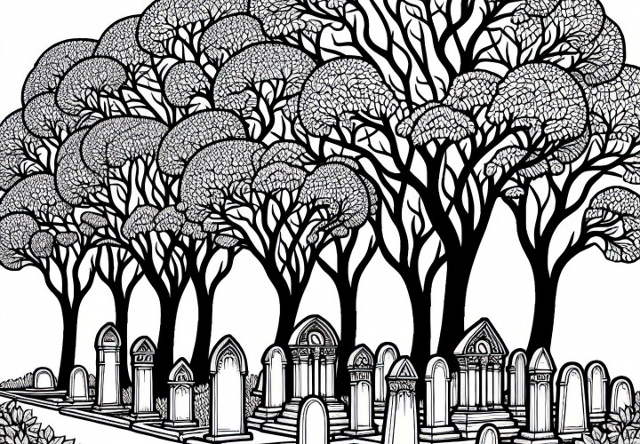 Plusieurs charmeaux bordent le périmètre d'un ancien cimetière - modèle de coloriage gratuit