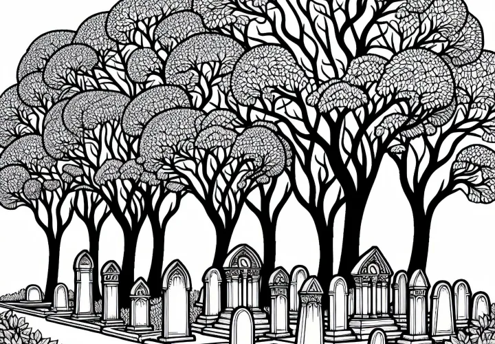 Mehrere Hainbuchen säumen den Rand eines alten Friedhofs – Malvorlage gratis