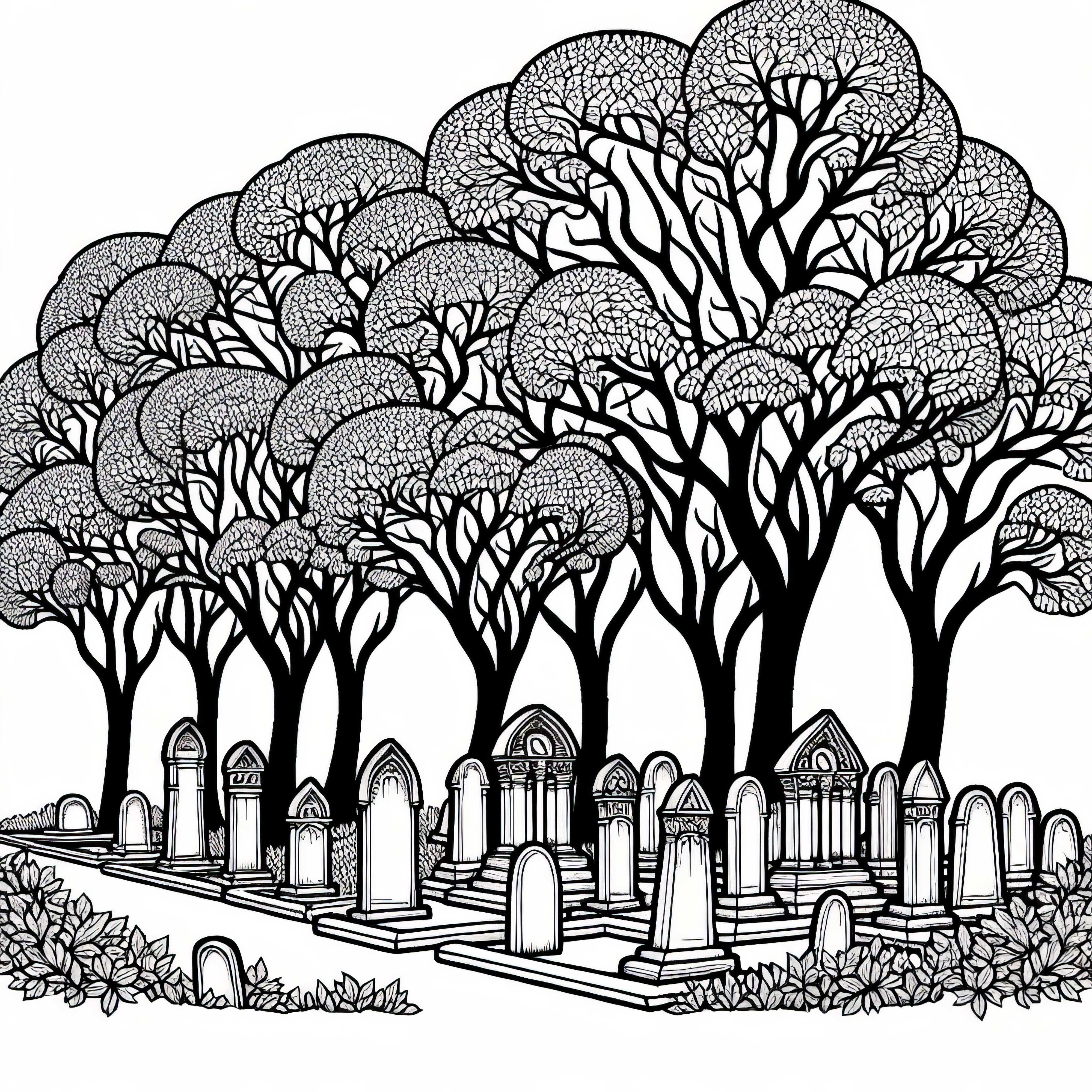 Plusieurs charmes bordent le périmètre d'un ancien cimetière - modèle à colorier gratuit