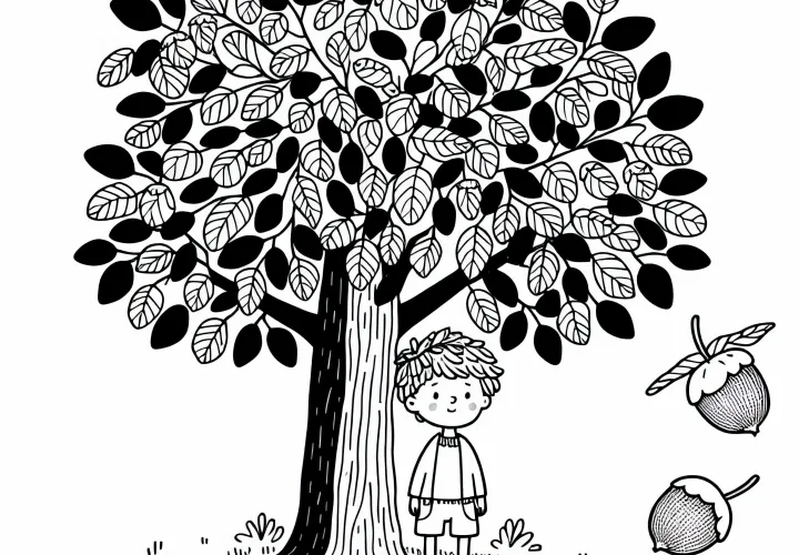 Kind steht unter Haselnussbaum Malvorlage Kostenlos