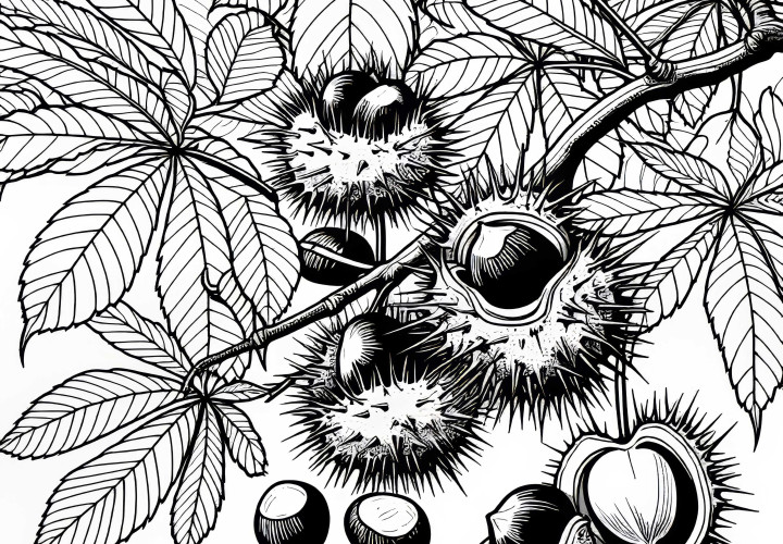 Castanhas em cascas espinhosas em um castanheiro – Desenho para Colorir Grátis