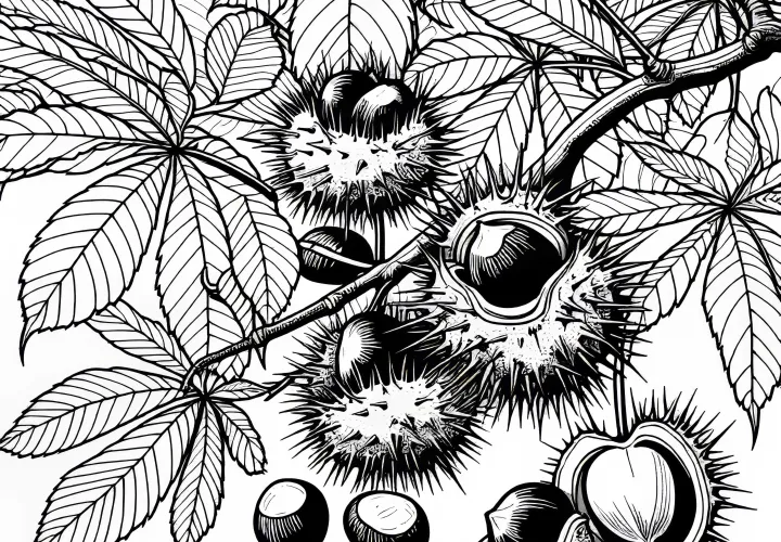 Kastanien in stacheligen Schalen an einer Rosskastanie – Malvorlage Gratis