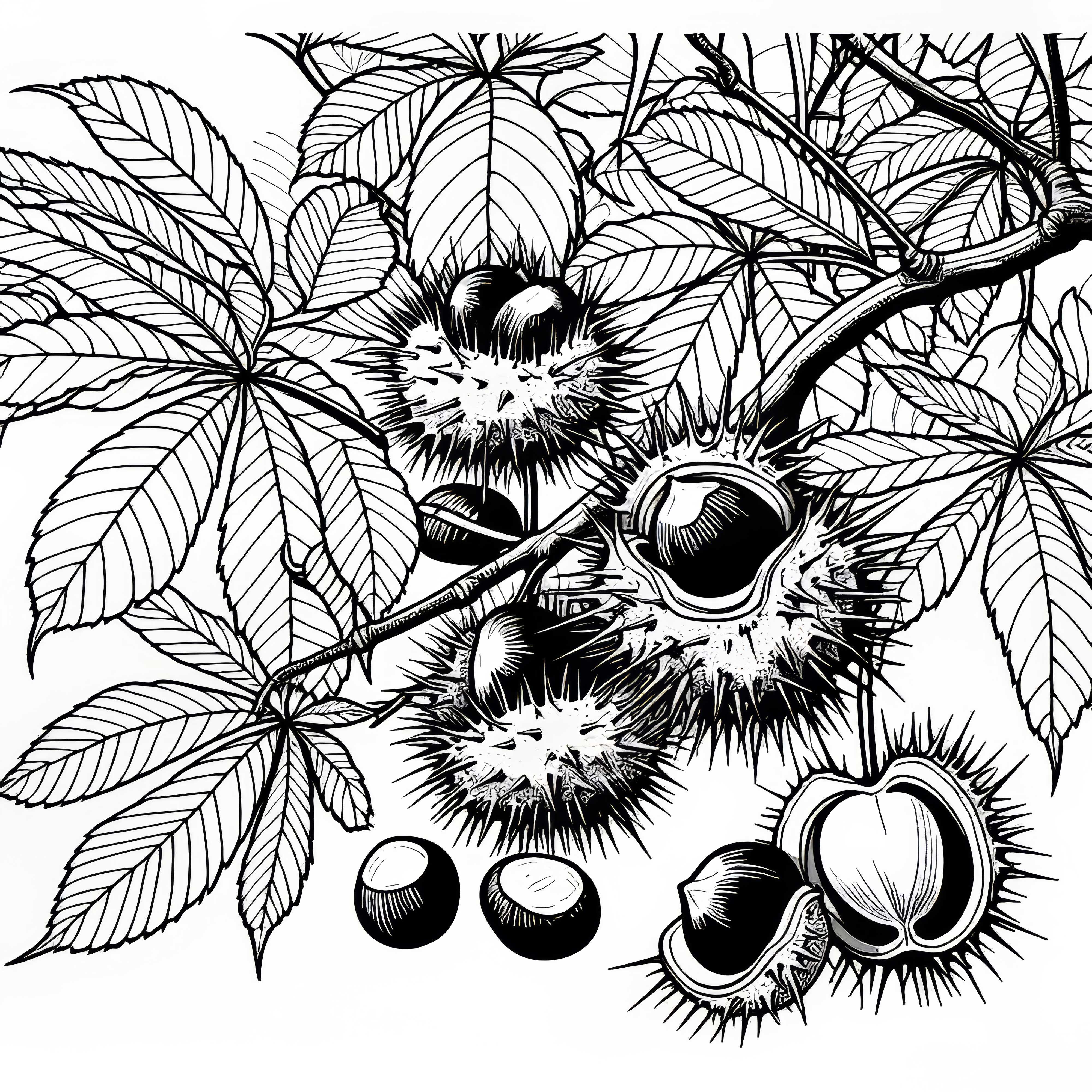 Kaštany v ostnatých skořápkách na jírovi – Omalovánka zdarma