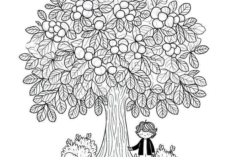 L'enfant se trouve sous le marronnier – Modèle de coloriage gratuit