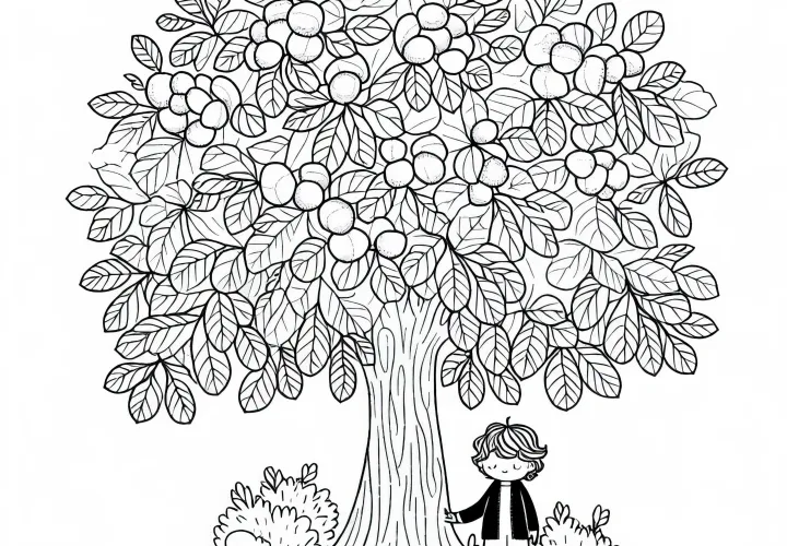 Kind steht unter Kastanie – Malvorlage kostenlos