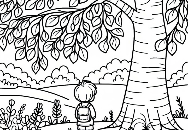 ポプラの下にいる子供 – 無料の塗り絵テンプレート