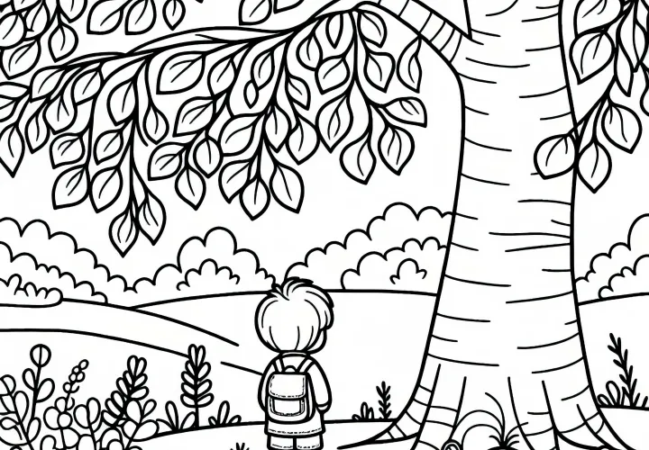 Kind steht unter Pappel – Malvorlage gratis