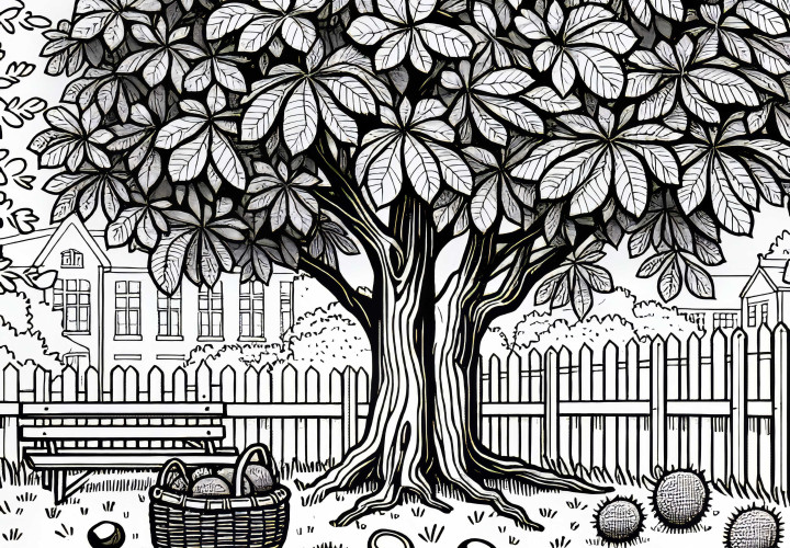 Châtaignier avec des fruits tombés - modèle de coloriage gratuit