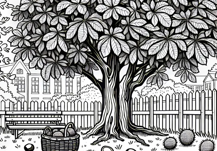 Rosskastanie mit heruntergefallenen Früchten – Malvorlage gratis