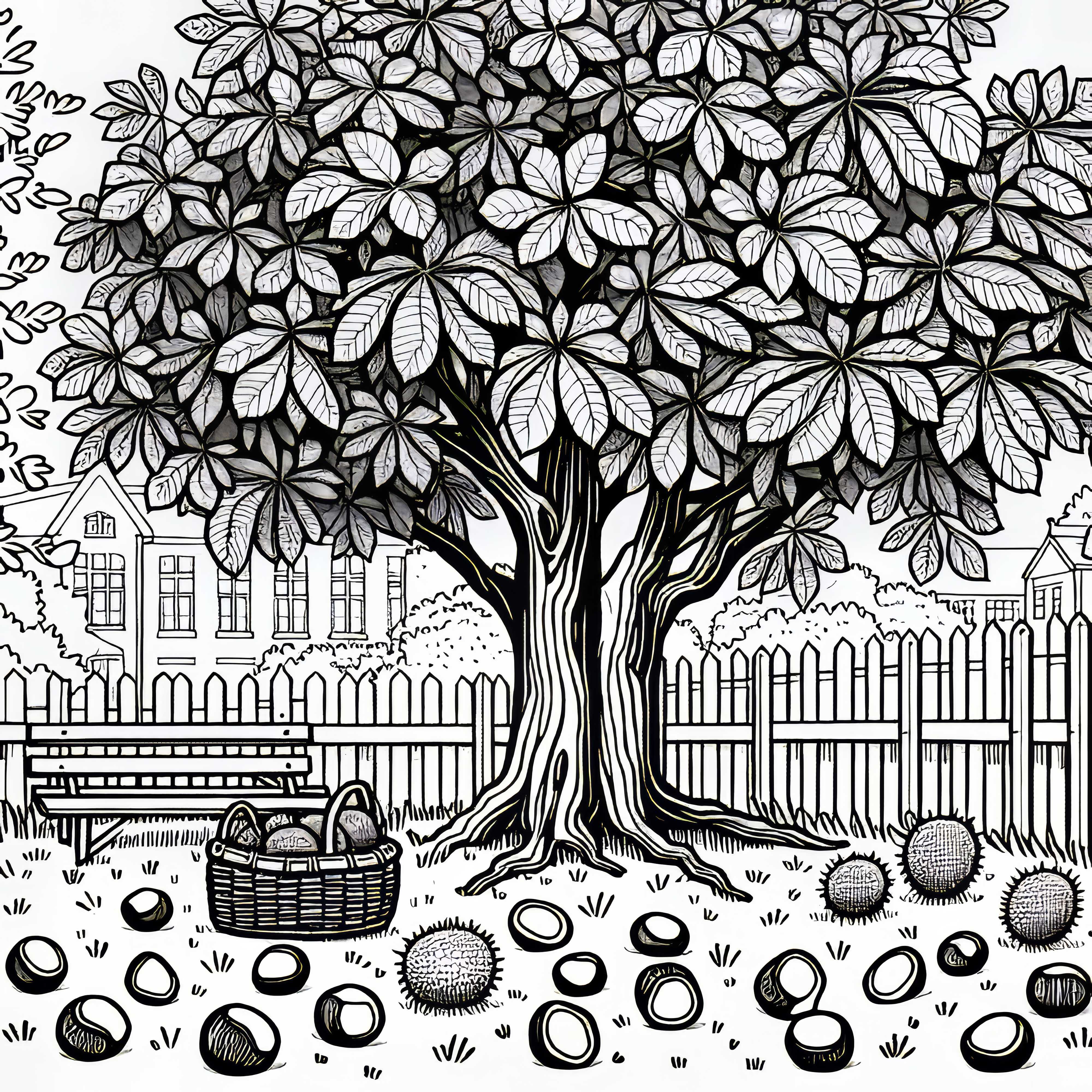 Châtaignier avec des fruits tombés - dessin à colorier gratuit