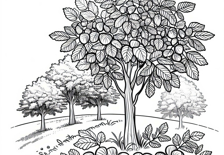 Ausmalbild vom Haselnussbaum in der Landschaft – Kostenlos herunterladen