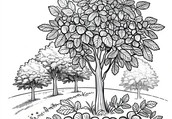 Ausmalbild vom Haselnussbaum in der Landschaft – Kostenlos herunterladen