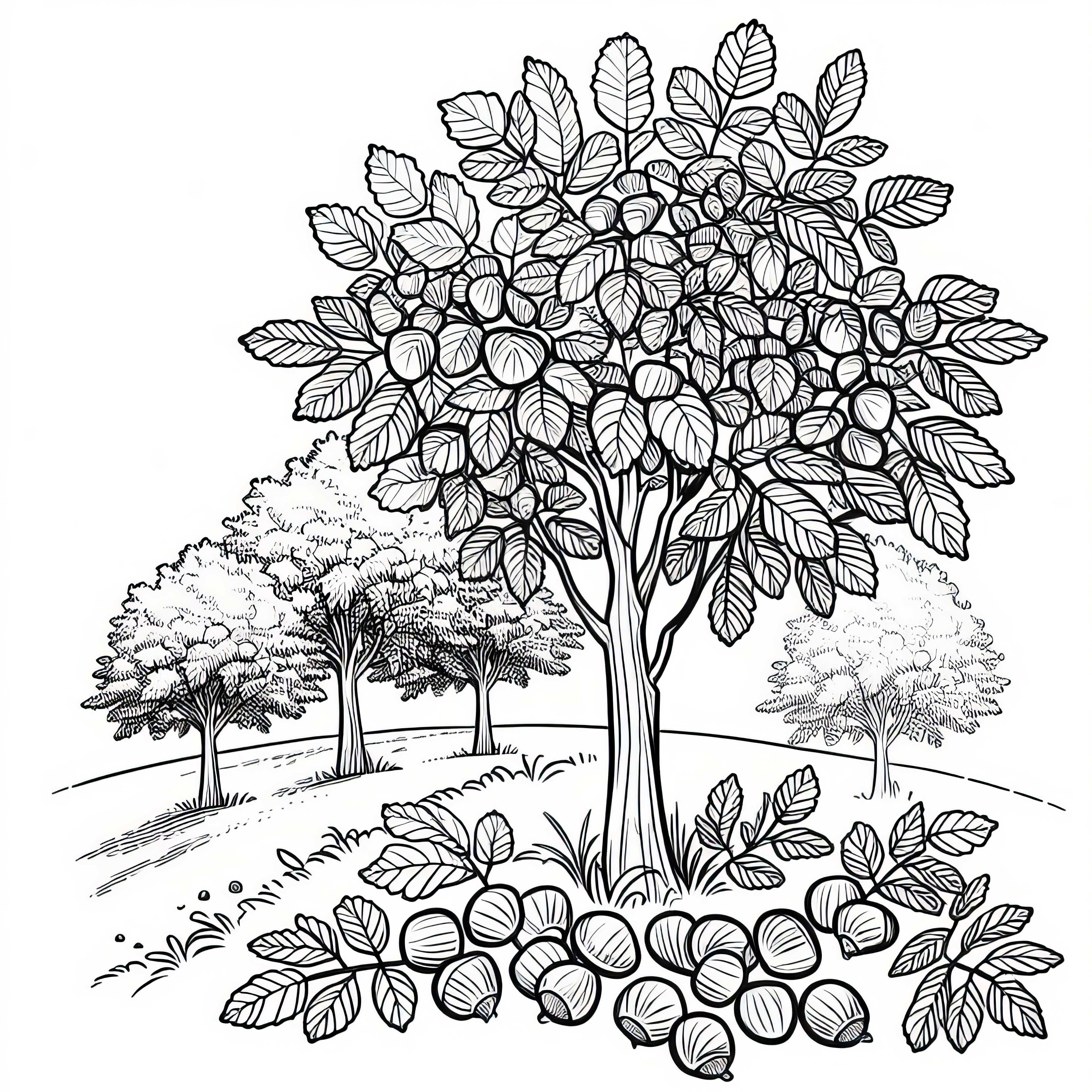 Ausmalbild vom Haselnussbaum in der Landschaft – Kostenlos herunterladen