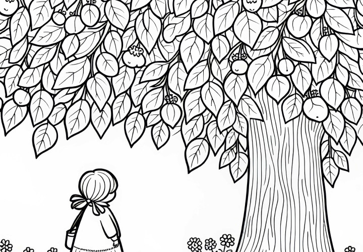 Dítě stojí pod lipou – Bezplatná omalovánka