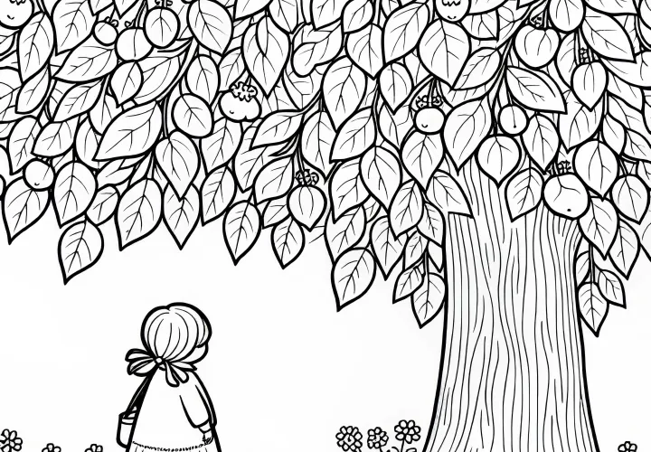 Kind steht unter Linde – Malvorlage Gratis