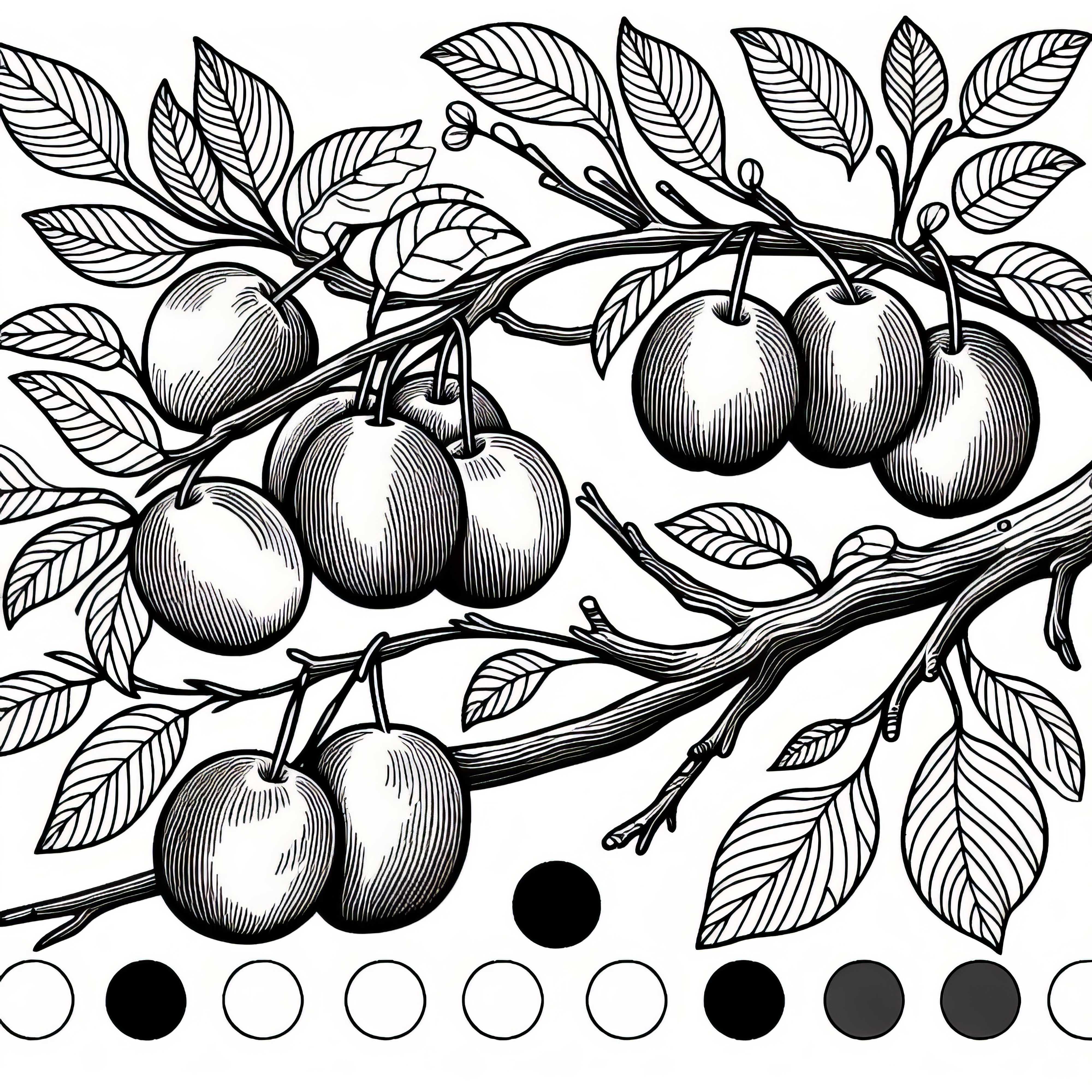 Plums on the plum tree – free coloring template Plums on the plum tree – free coloring page