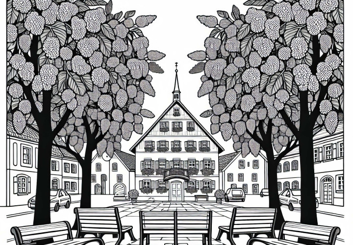 Image à colorier d'un arbre feuillu sur la place du village avec des bancs à télécharger gratuitement