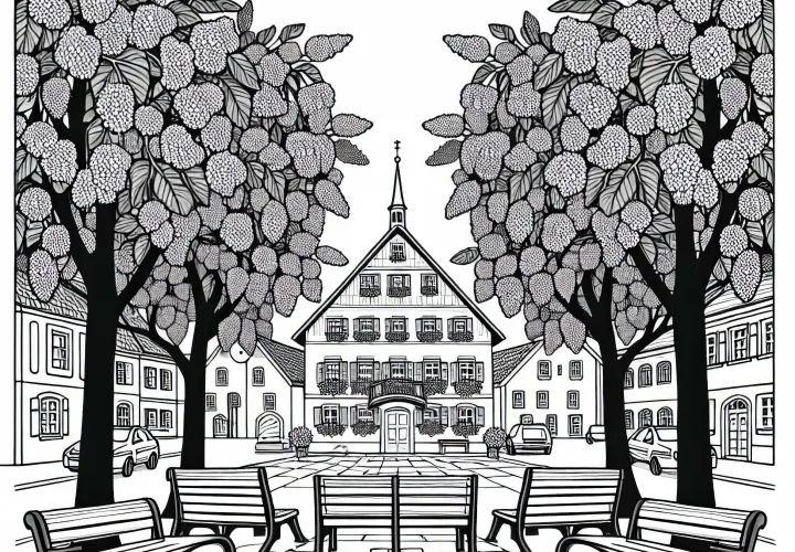 Ausmalbild von einem Laubbaum auf dem Dorfplatz mit Bänken zum kostenlosen Download