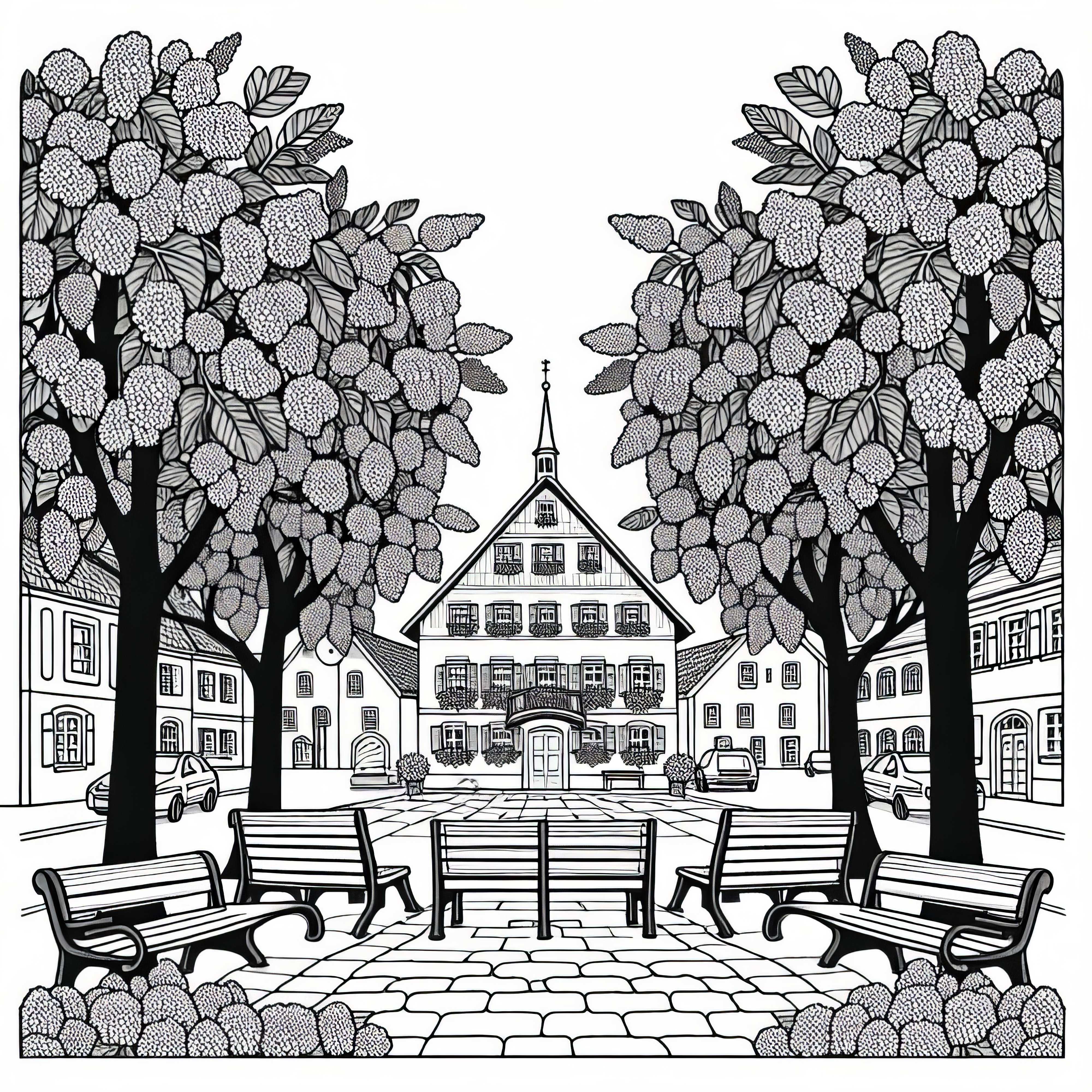 Coloriage d'un arbre feuillu sur la place du village avec des bancs à télécharger gratuitement
