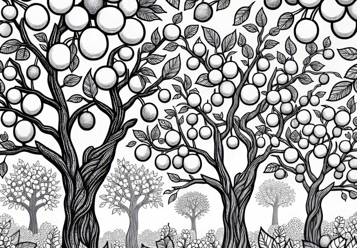 Více švestkových stromů nese plné větve v ovocné zahradě – omalovánka zdarma