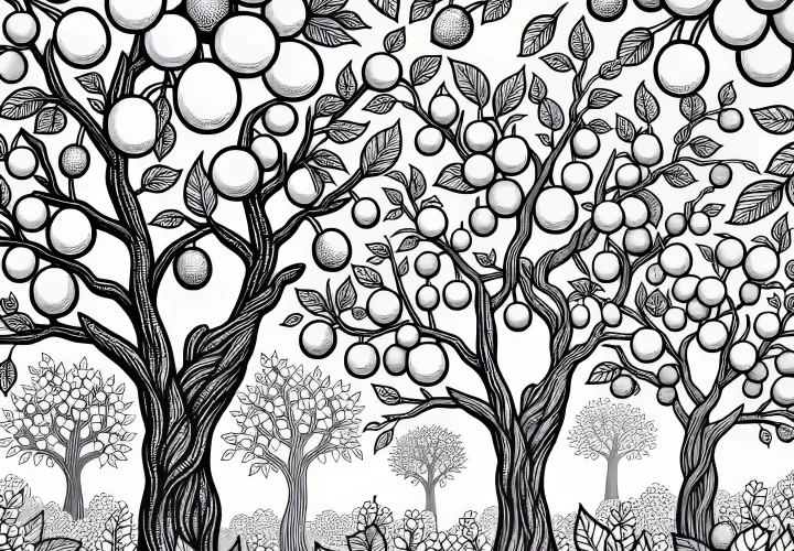 Mehrere Pflaumenbäume Tragen Prall Gefüllte Zweige im Obstgarten – Malvorlage Kostenlos
