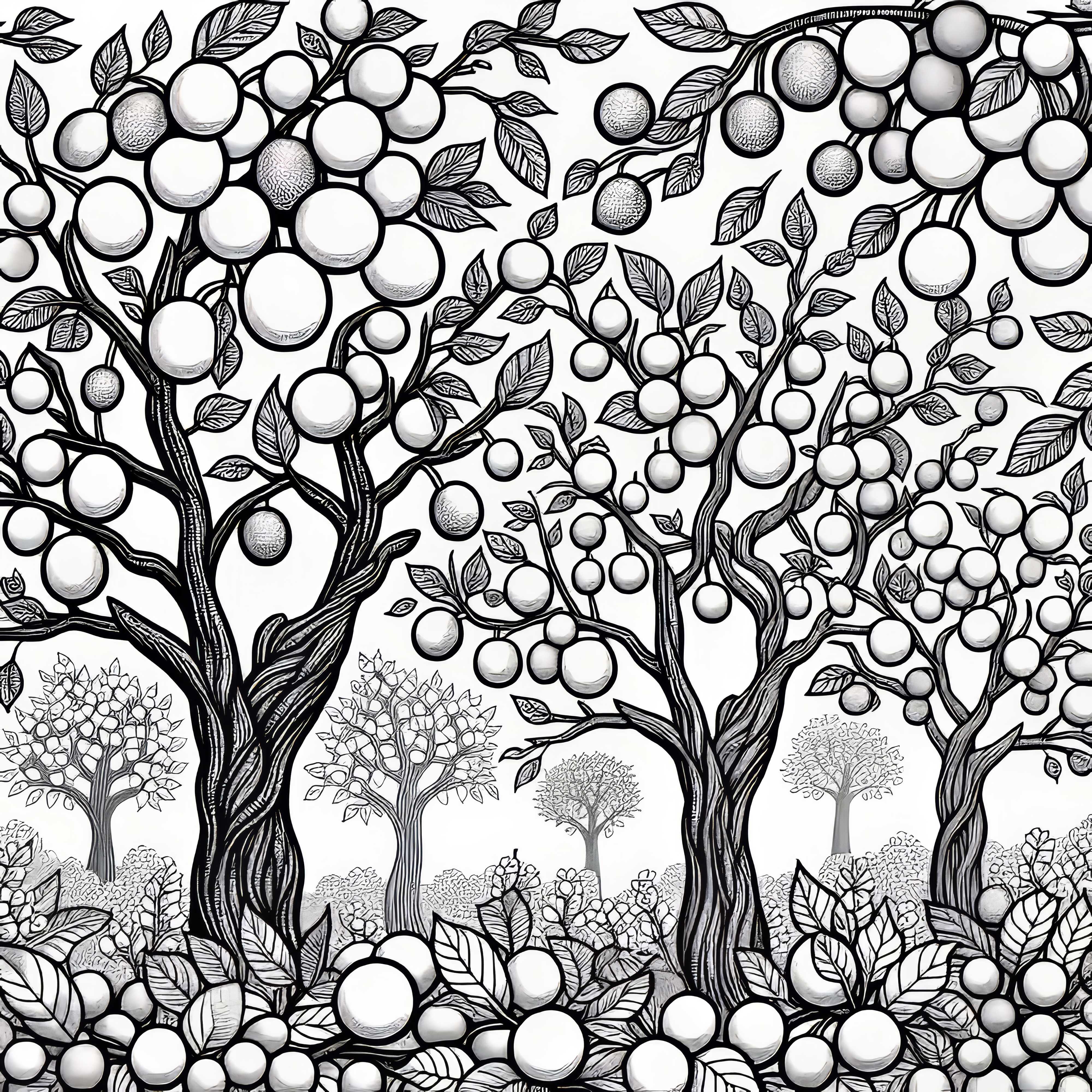 Several plum trees have branches filled with fruit in the orchard - Free coloring page Several plum trees bear plump, filled branches in the orchard – Free coloring page