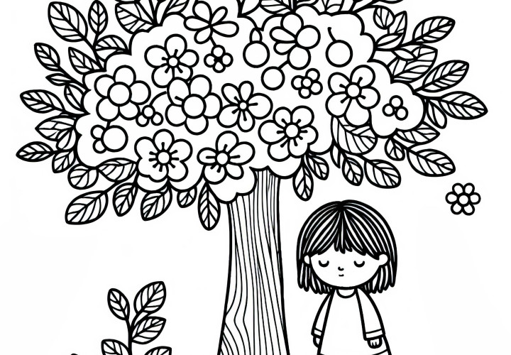 L'enfant est sous le prunier, coloriage gratuit