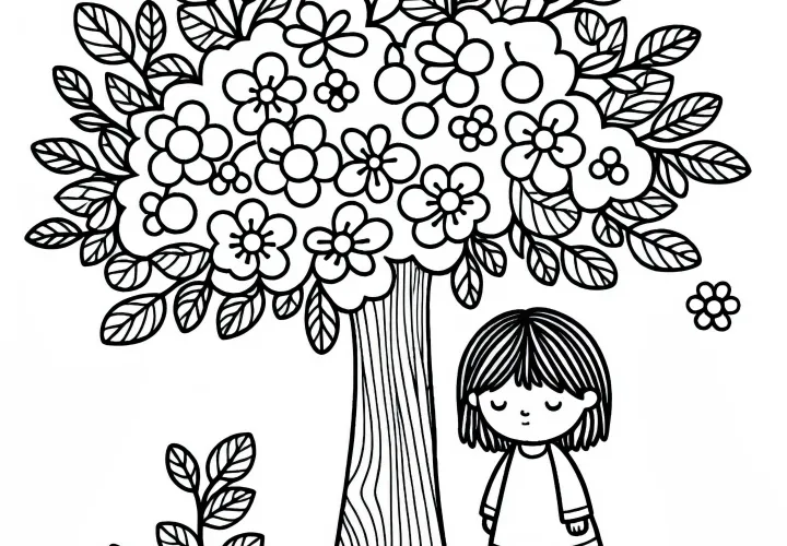 Kind steht unter Pflaumenbaum Malvorlage Kostenlos