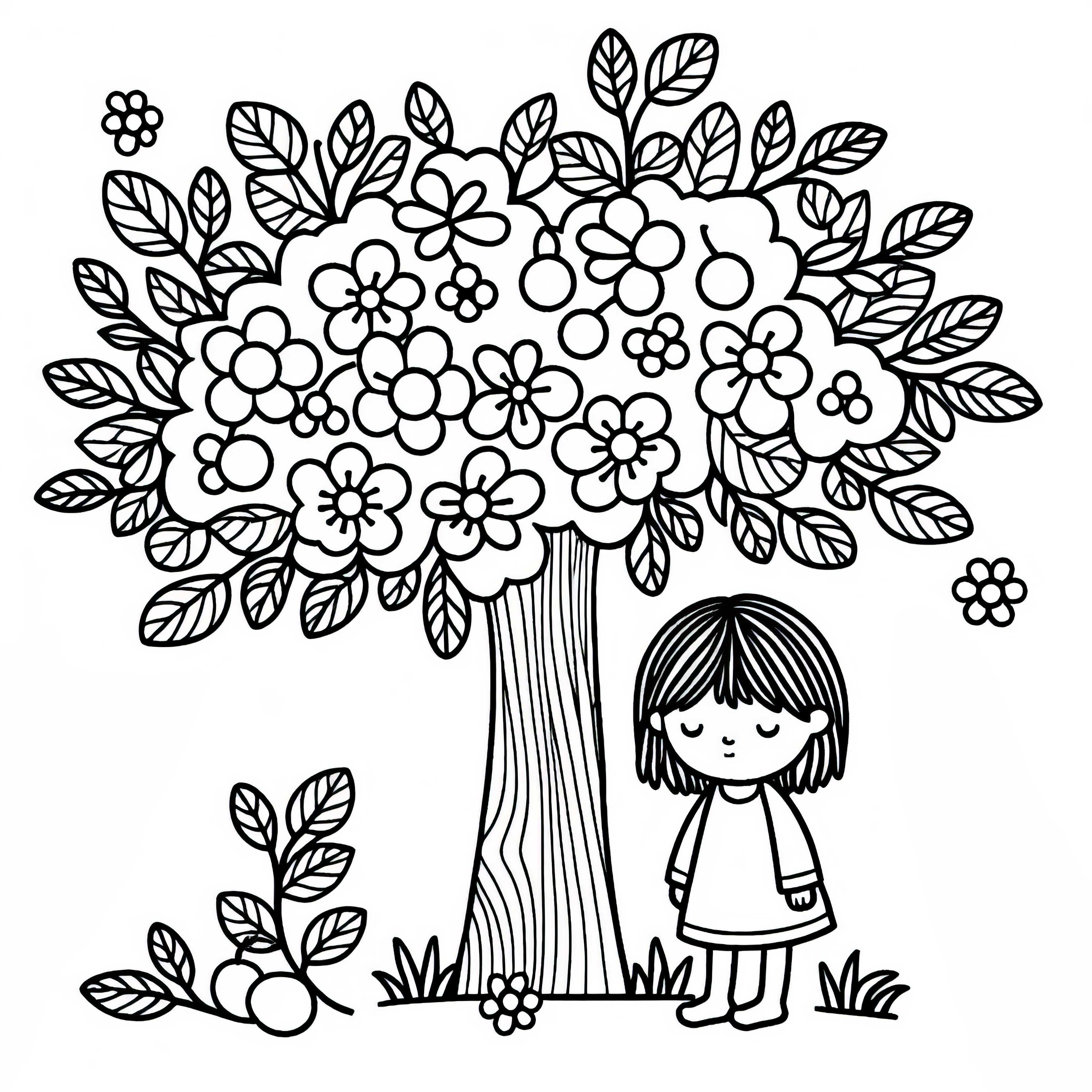 Child under plum tree coloring page free Child under Plum Tree Coloring Page Free