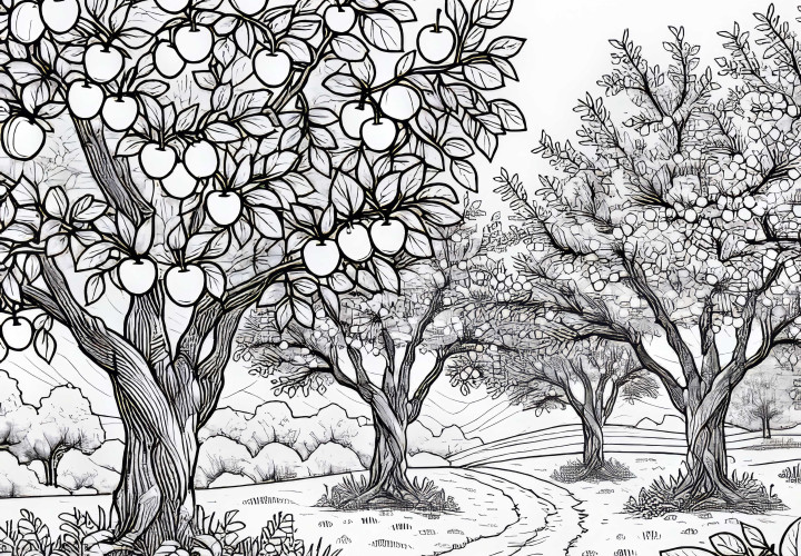 Plusieurs arbres à fruits sont dispersés sur la prairie de fruits – Image à colorier gratuite
