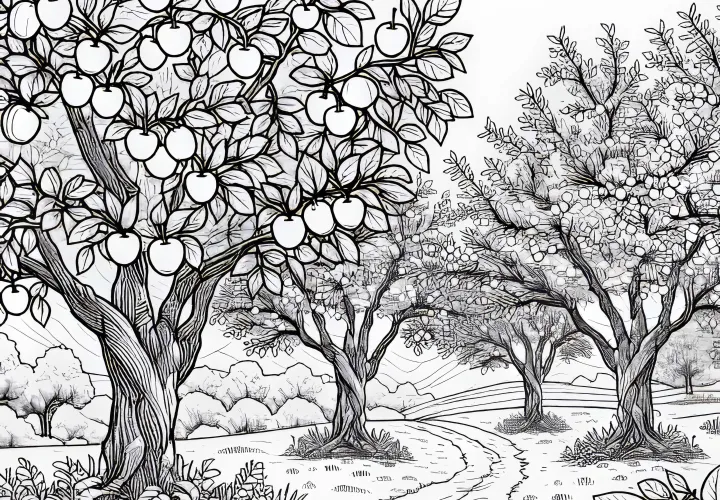 Mehrere Speierlingsbäume Stehen Vereinzelt auf Streuobstwiese – Ausmalbild Kostenlos