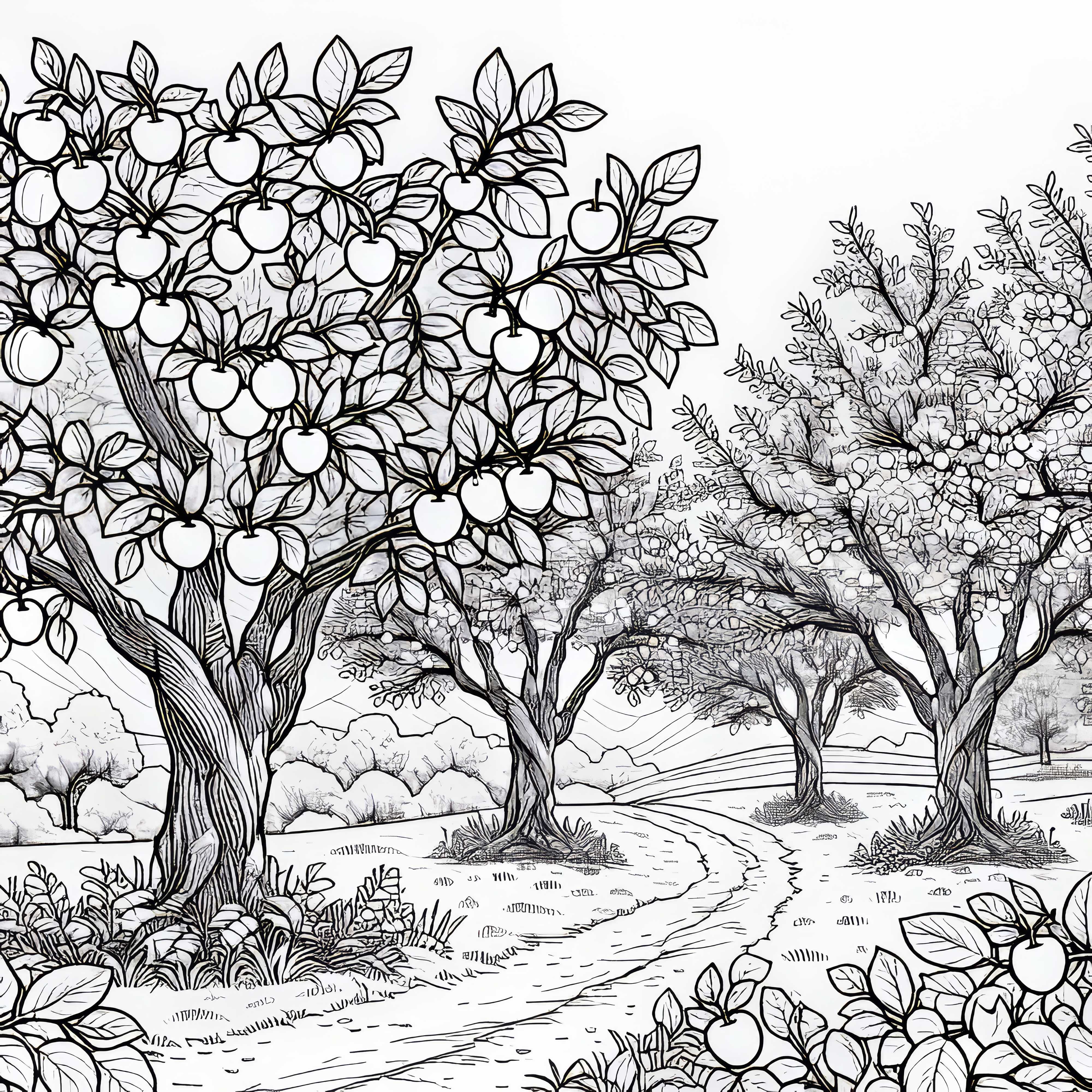 Plusieurs arbres de sorbier sont dispersés sur un verger – Image à colorier gratuite