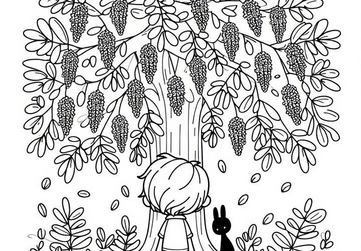 Child under acacia – Free coloring page