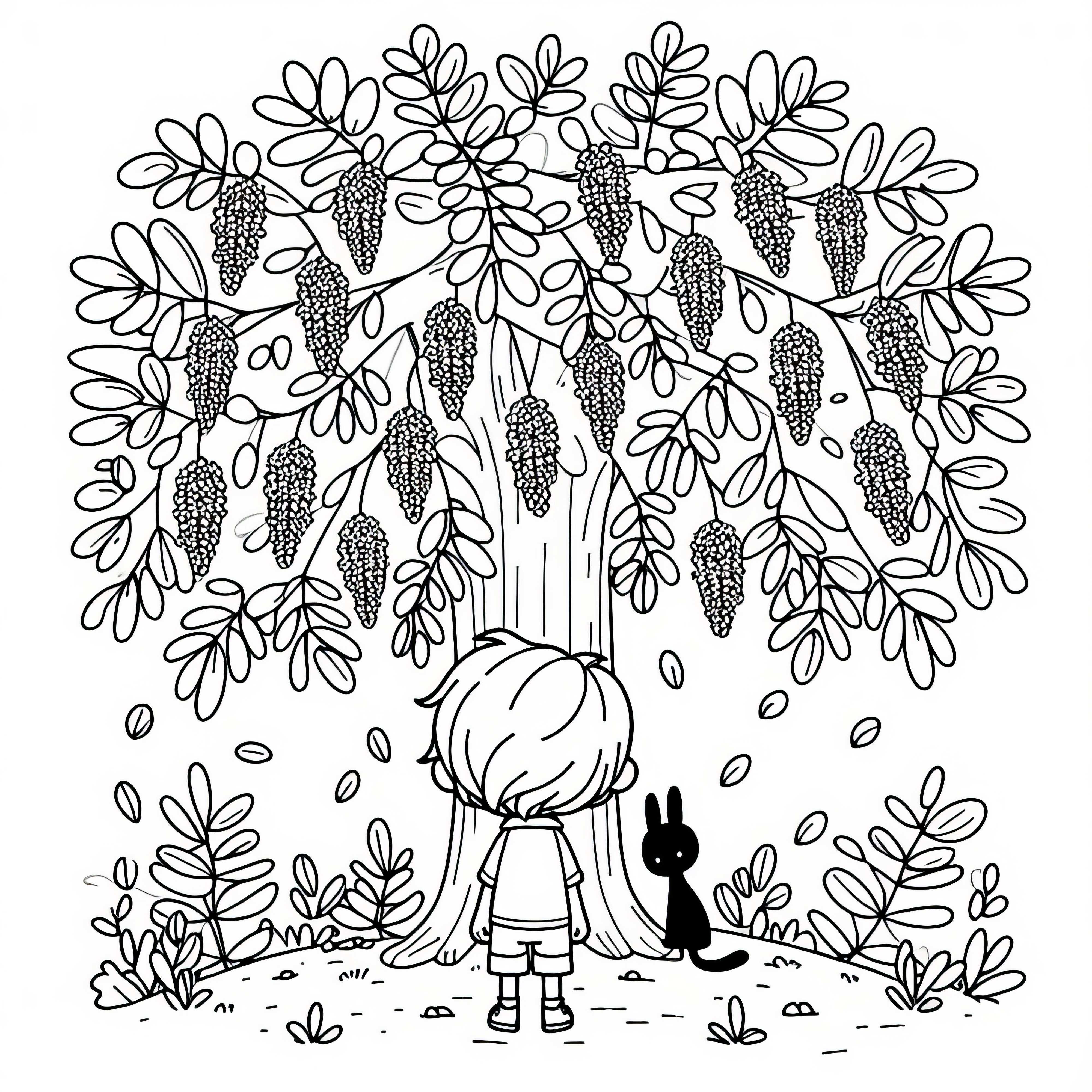 어린이가 아카시아 나무 아래에 있는 – 무료 색칠공부 도안