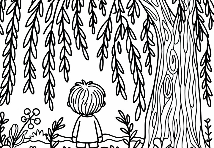 Child under willow - Free coloring page
