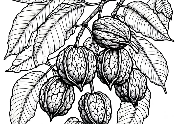 Walnüsse am Walnussbaum – Malvorlage gratis zum Download