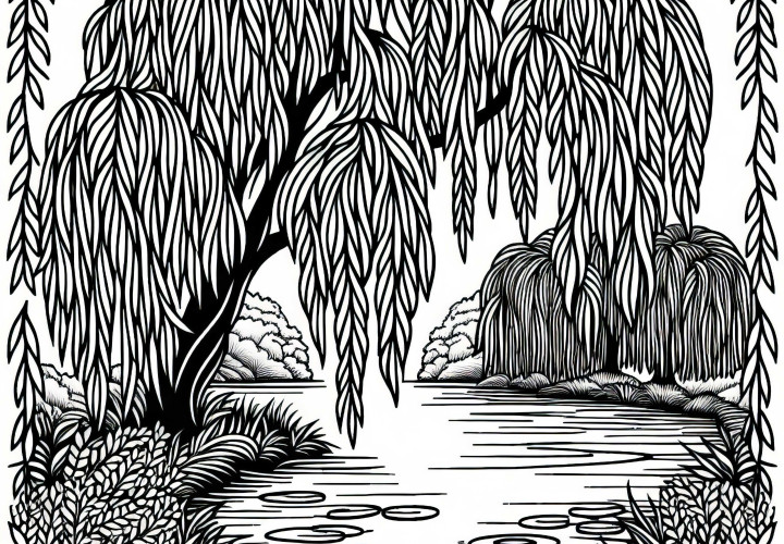 Верба звисає гілками над ставком – Безкоштовна розфарбування