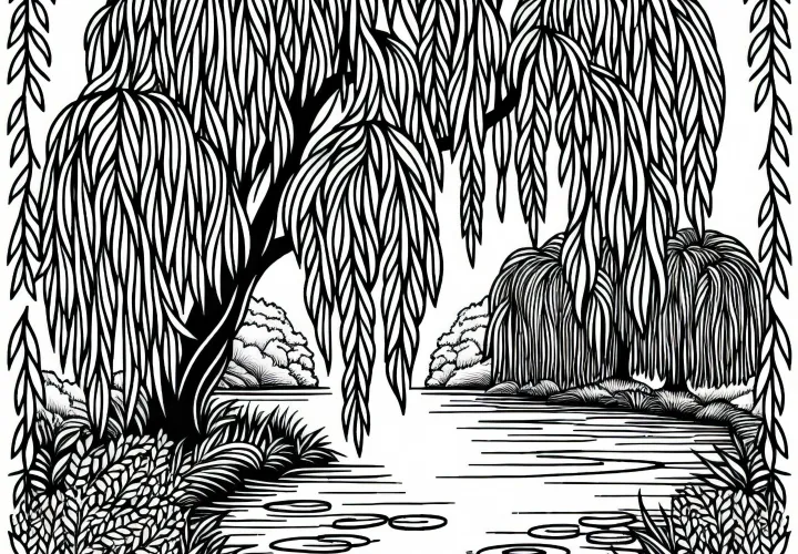 Trauerweide hängt mit Zweigen über Teich – Ausmalbild kostenlos