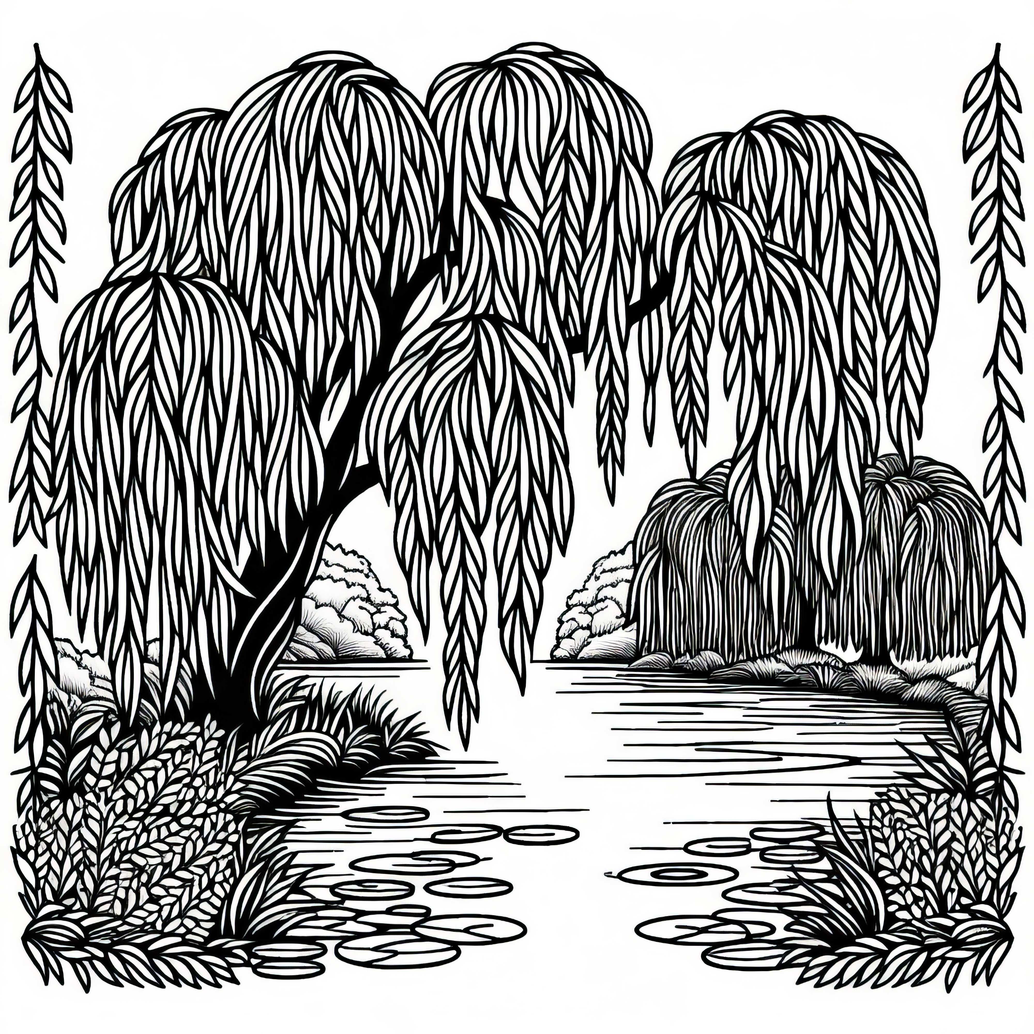 Weeping willow hangs with branches over pond - Free coloring page Willow tree hangs with branches over pond - Free coloring page