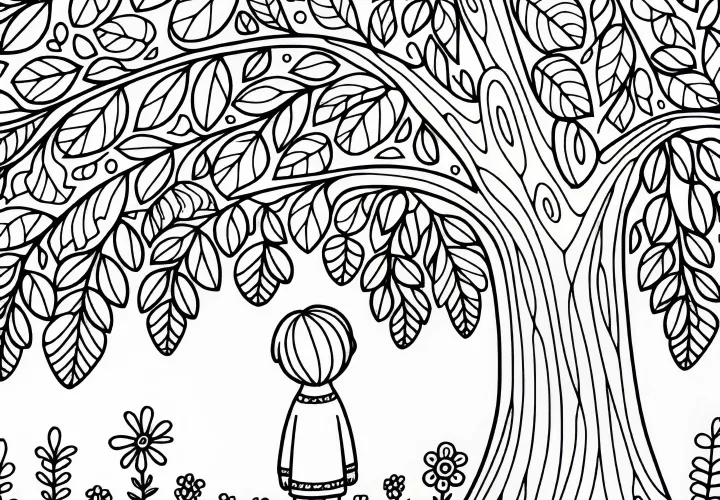 Kind steht unter Ulme - Malvorlage kostenlos