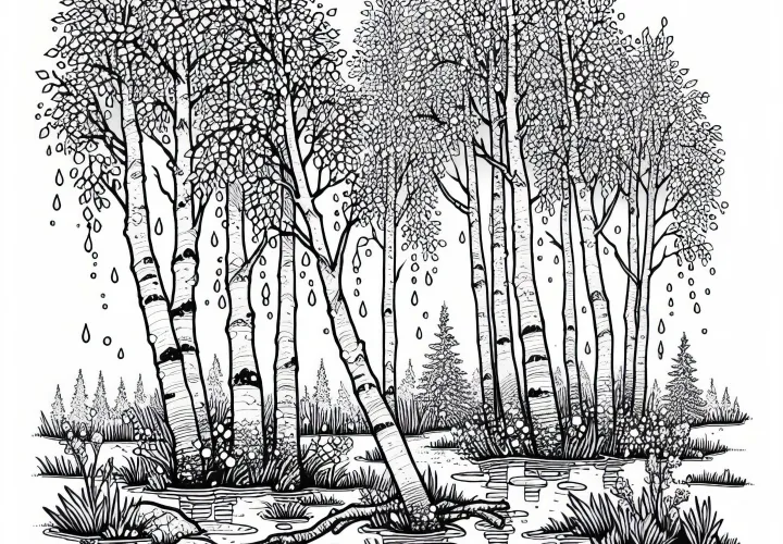 Mehrere Zitterpappeln auf feuchtem Boden – Ausmalbild gratis