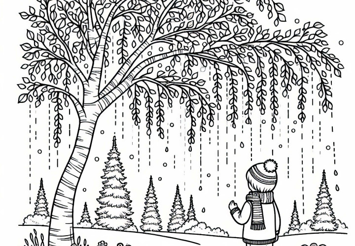 L'enfant se trouve sous un peuplier tremble - image à colorier gratuite