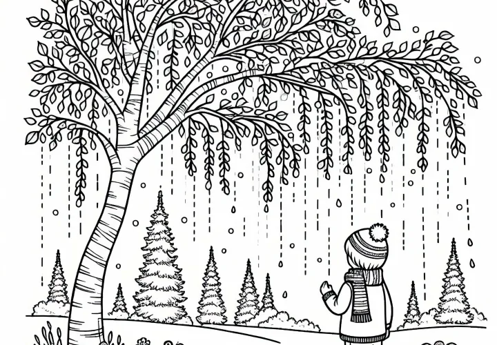 Kind steht unter Zitterpappel - Ausmalbild kostenlos