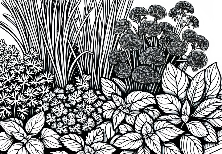 Vyfarbovací obraz záhonu s pažítkou, petržlenom a bazalkou v bylinné záhrade – Zdarma na stiahnutie