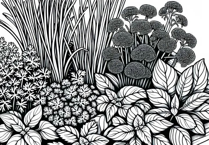 Ausmalbild eines Beets mit Schnittlauch, Petersilie und Basilikum im Kräutergarten – Kostenlos herunterladen