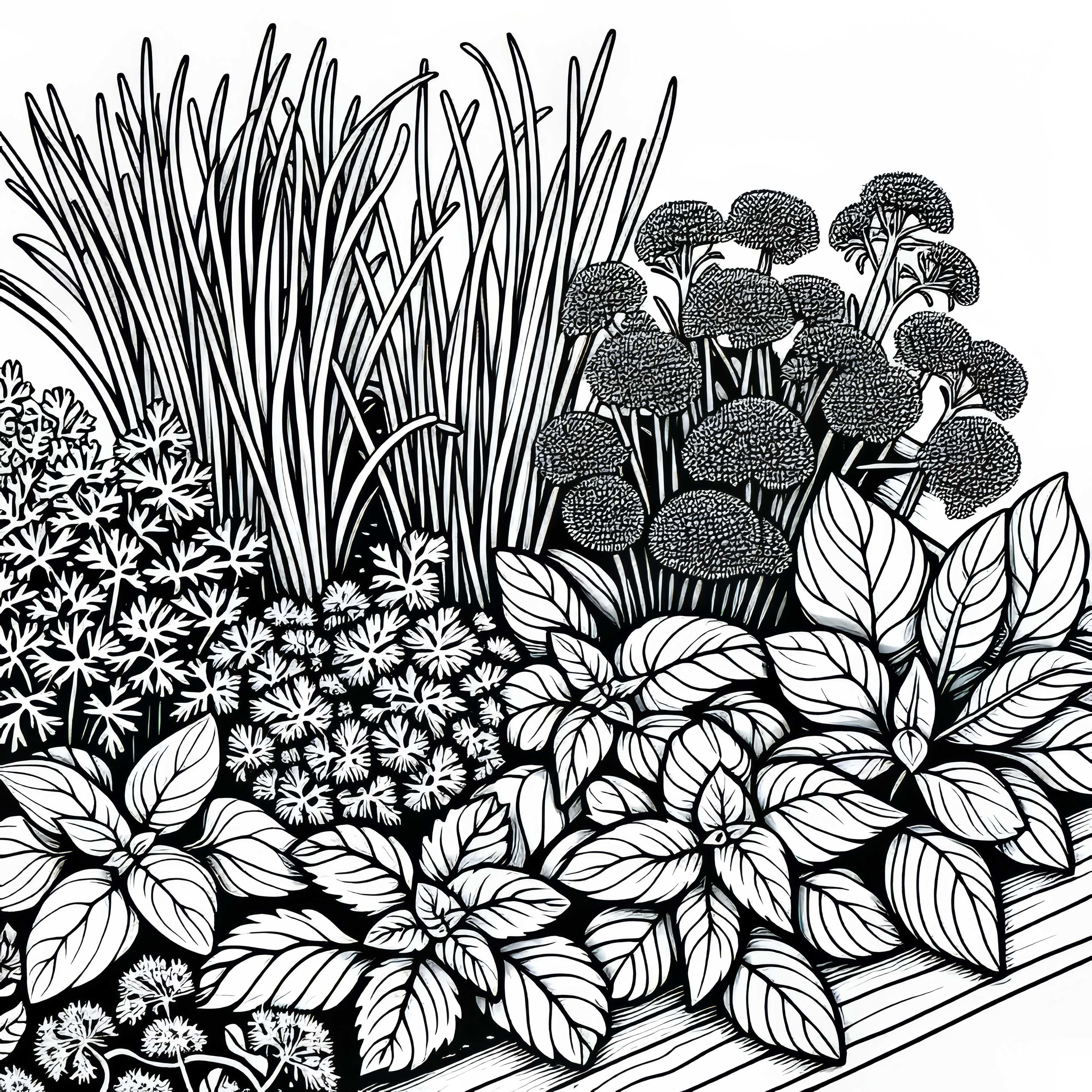 Ausmalbild eines Beets mit Schnittlauch, Petersilie und Basilikum im Kräutergarten – Kostenlos herunterladen