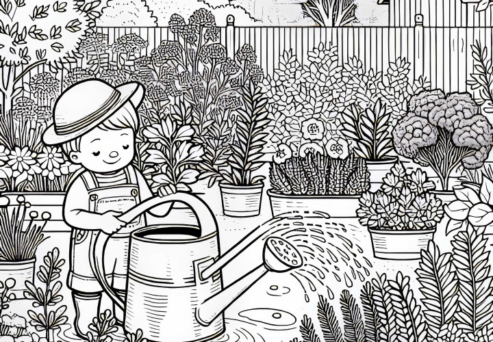 Child watering the herb garden with a watering can - free coloring template
