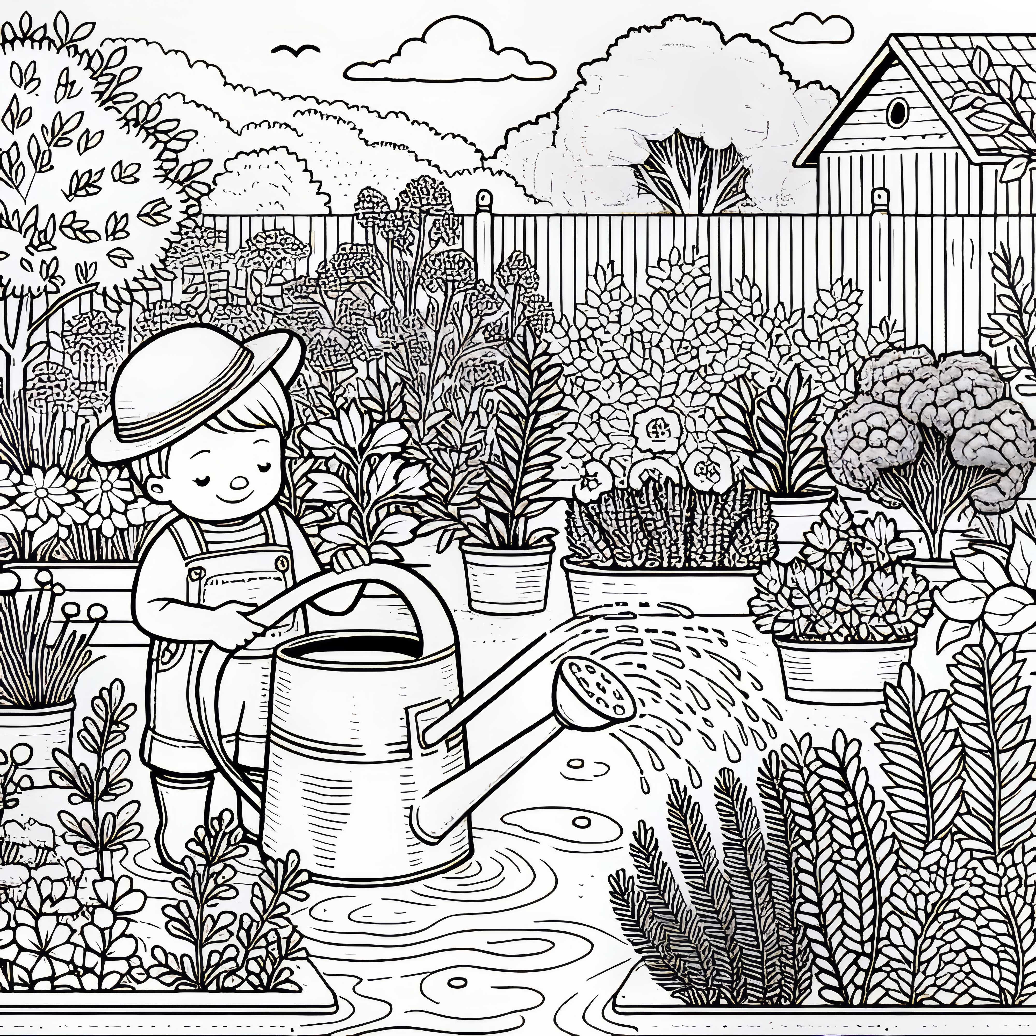 아이들이 물뿌리개로 허브정원을 가꿉니다 - 무료 색칠하기模板