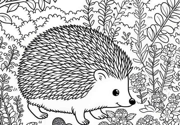 ハリネズミがハーブ園を走る - 無料塗り絵